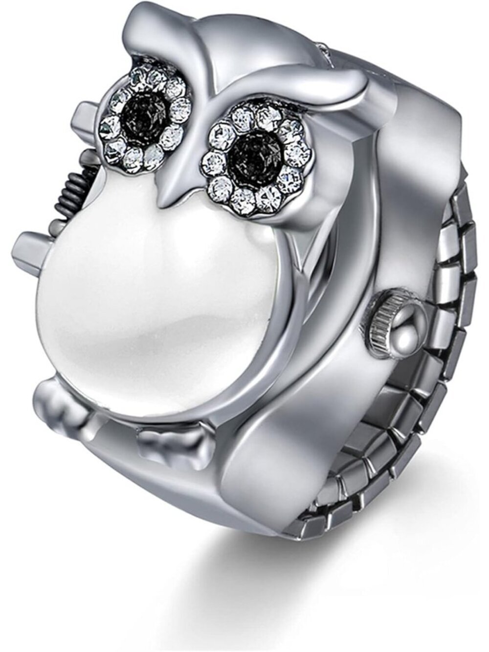 Unisex White Analog Quartz Stylish Owl Flip-Open Cover Adjustable Ring Watch